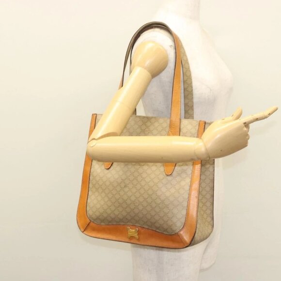 CELINE Macadam Canvas Tote Bag Beige Gold Auth - Picture 1 of 15